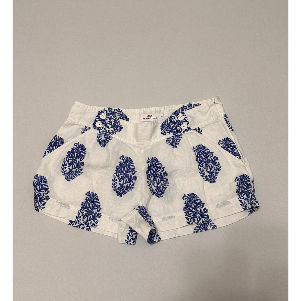 Vineyard Vines Womens White Blue Linen Block Print Floral Shorts Size 0 Preppy‎